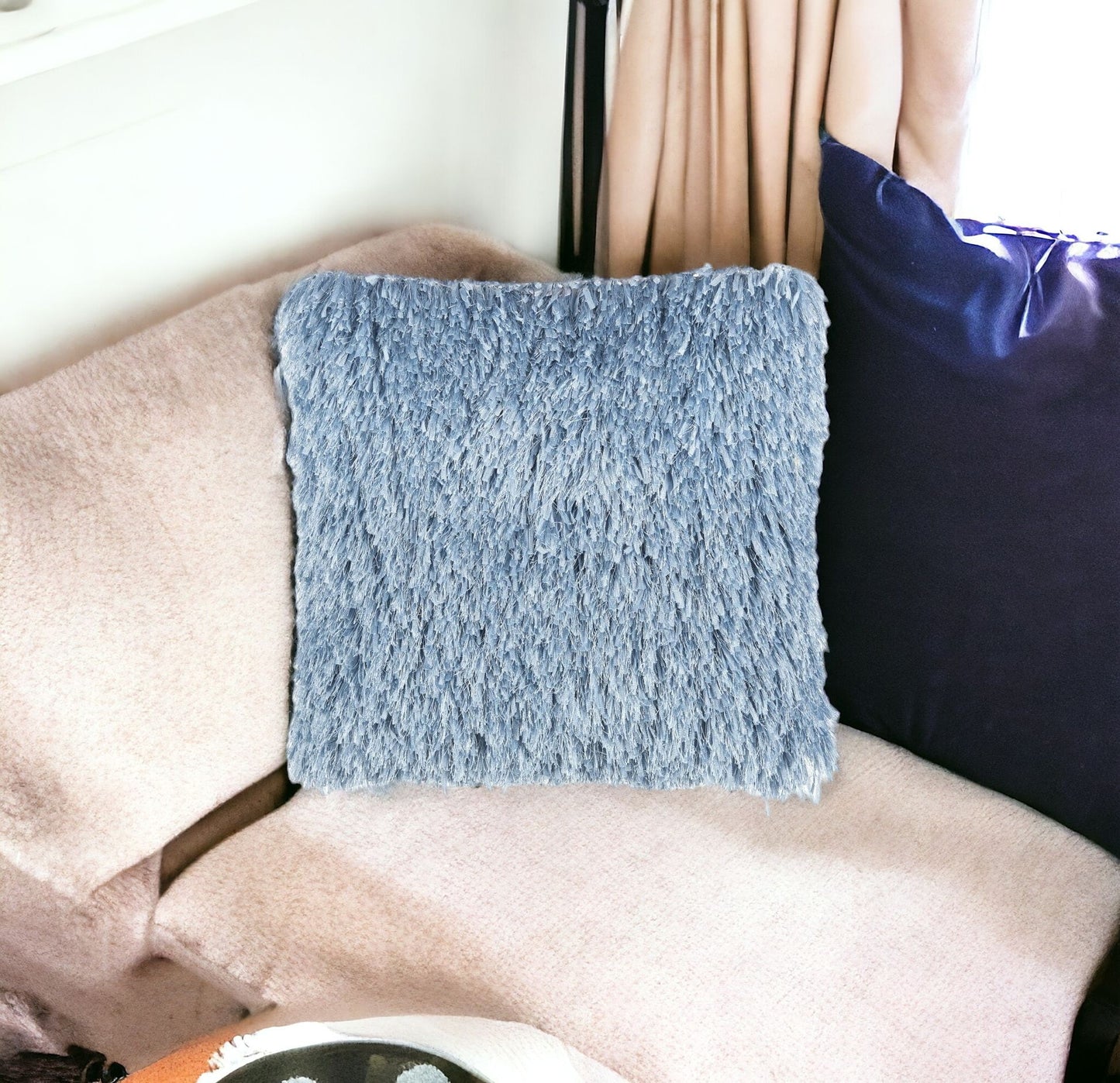 Square Ocean Blue Shag Pillow