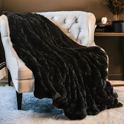 Chunky Sectioned Black Faux Fur Throw