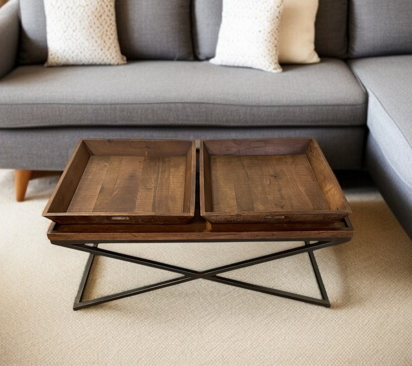 Brown & Black Solid Wood Cross Legs Coffee Table image 1