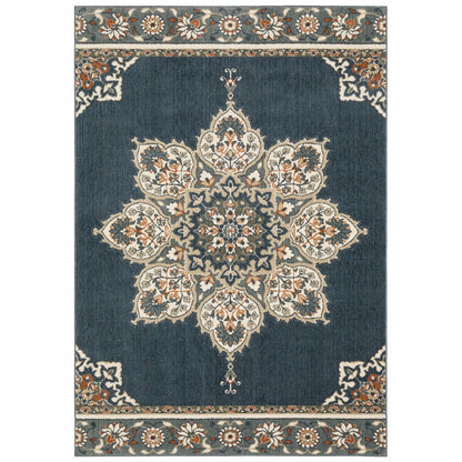 10 x 13 Blue & Beige Floral Medallion Indoor Rug