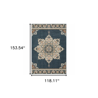 10 x 13 Blue & Beige Floral Medallion Indoor Rug