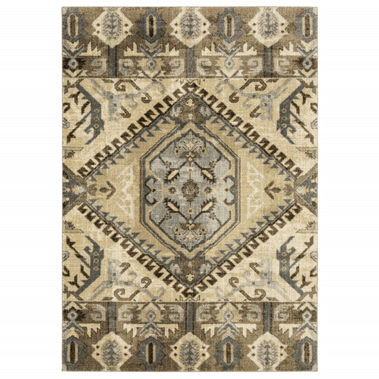 10 x 13 Tan & Gold Central Medallion Indoor Rug