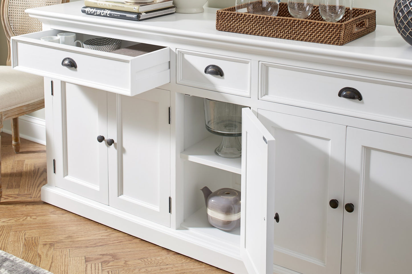 White Solid Wood 3 Drawer Sideboard w/ 5 Doors