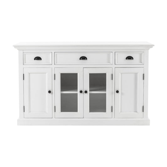 White Solid Wood 3 Drawer Sideboard w/ 4 Glass Doors