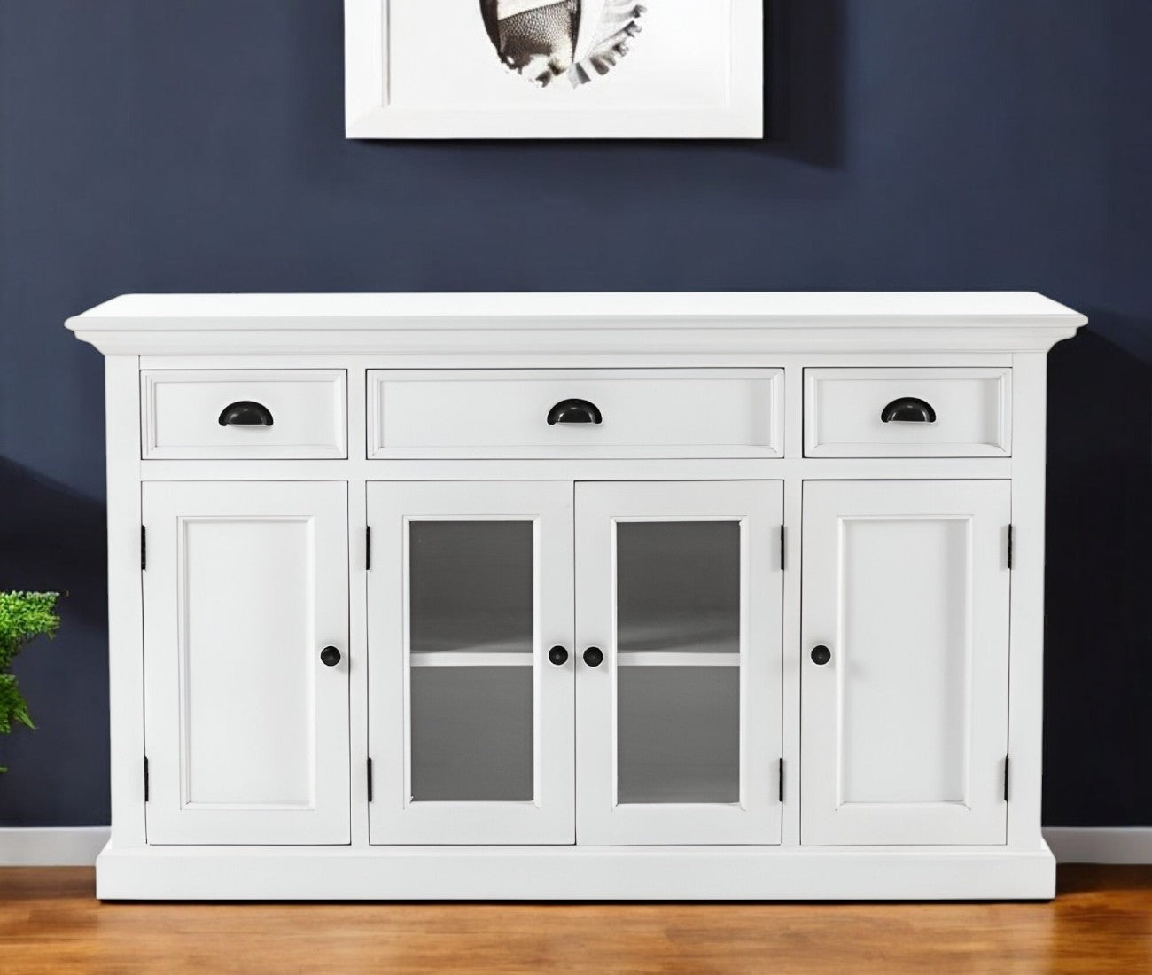 White Solid Wood 3 Drawer Sideboard w/ 4 Glass Doors