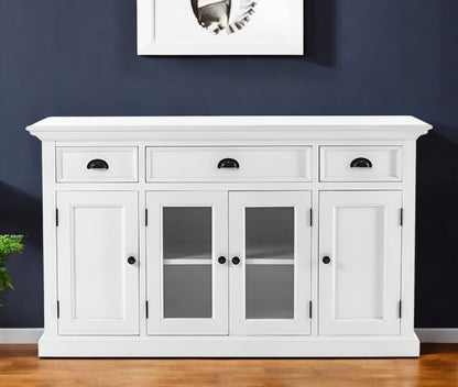 White Solid Wood 3 Drawer Sideboard w/ 4 Glass Doors