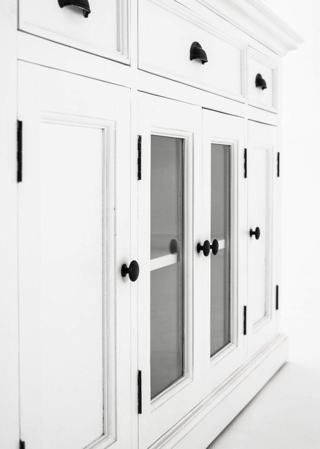 White Solid Wood 3 Drawer Sideboard w/ 4 Glass Doors