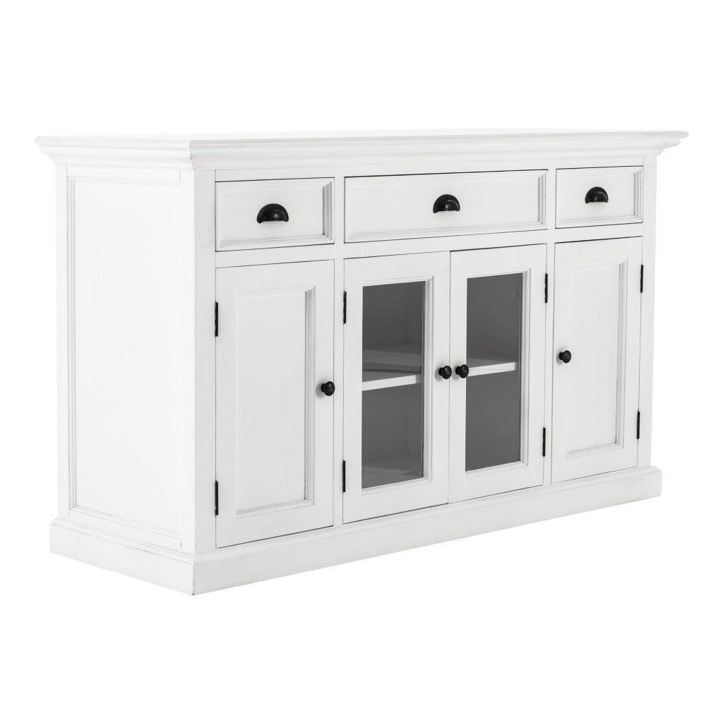 White Solid Wood 3 Drawer Sideboard w/ 4 Glass Doors