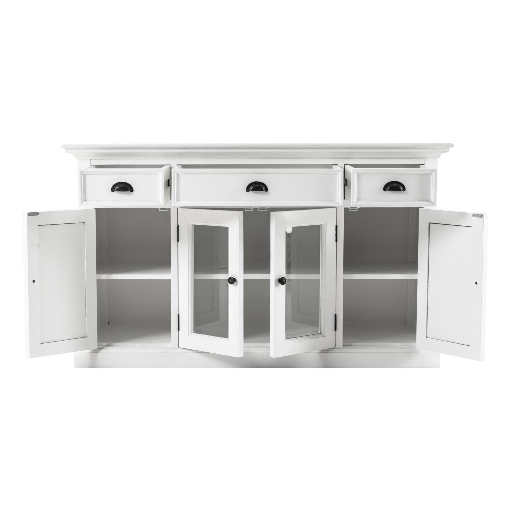 White Solid Wood 3 Drawer Sideboard w/ 4 Glass Doors