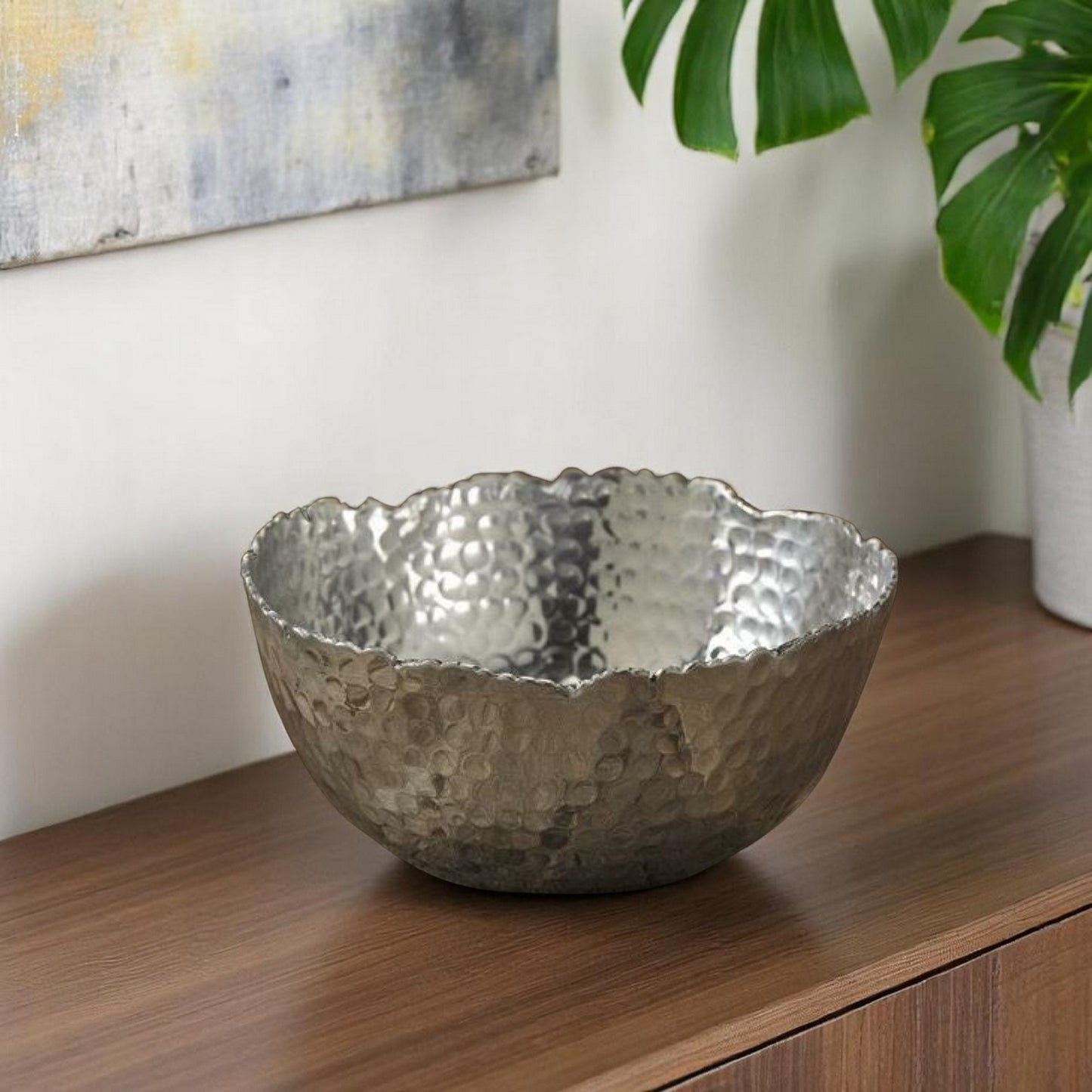 Silver Steel Modern Hammered Cut Bowl