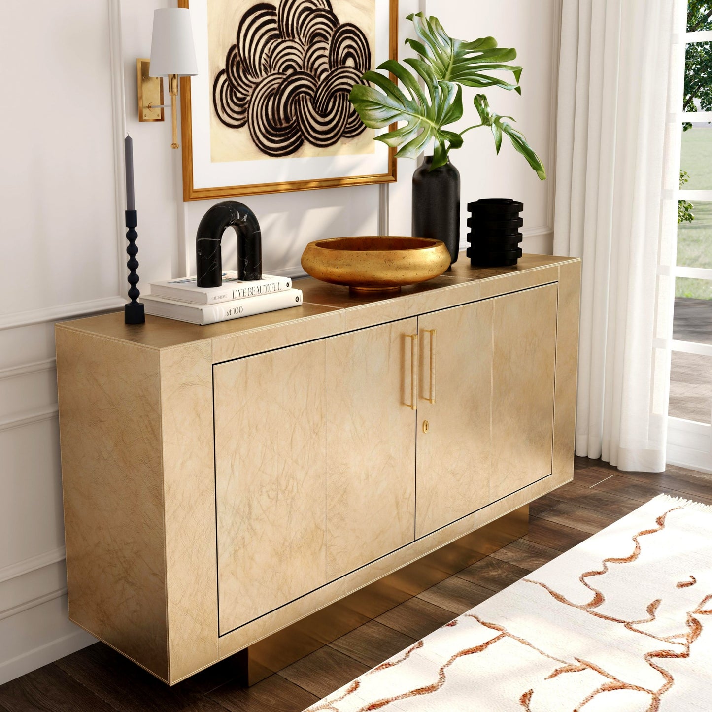 Gold Solid Wood Sideboard Table w/ 2 Doors