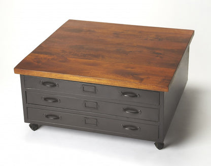 Brown & Gray Solid Wood & Metal Square Coffee Table w/ Three Drawers image 3