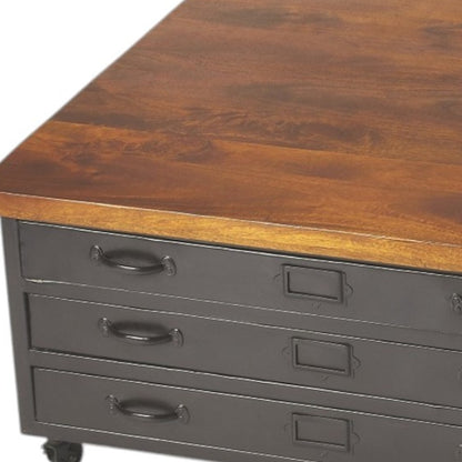 Brown & Gray Solid Wood & Metal Square Coffee Table w/ Three Drawers image 5