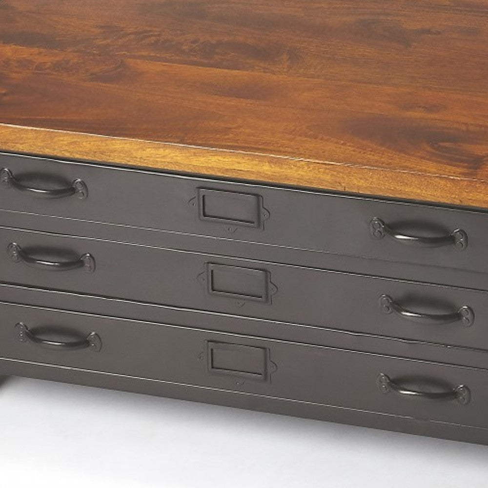 Brown & Gray Solid Wood & Metal Square Coffee Table w/ Three Drawers image 6