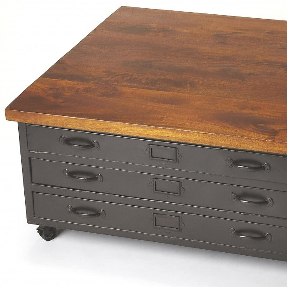 Brown & Gray Solid Wood & Metal Square Coffee Table w/ Three Drawers image 4