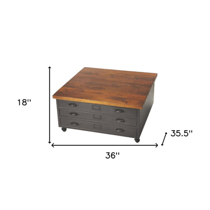 Brown & Gray Solid Wood & Metal Square Coffee Table w/ Three Drawers image 7