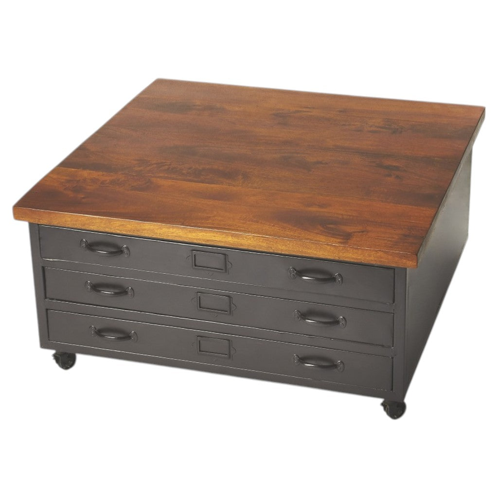 Brown & Gray Solid Wood & Metal Square Coffee Table w/ Three Drawers image 2