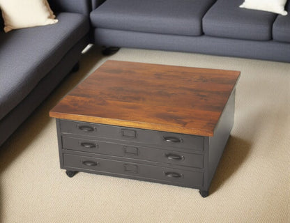 Brown & Gray Solid Wood & Metal Square Coffee Table w/ Three Drawers image 1