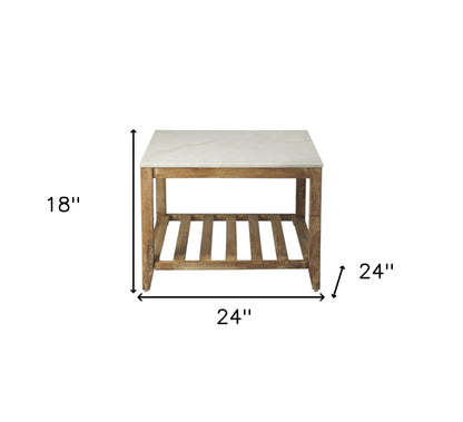 Off White & Brown Genuine Marble & Wood Square Coffee Table w/ Shelf image 8