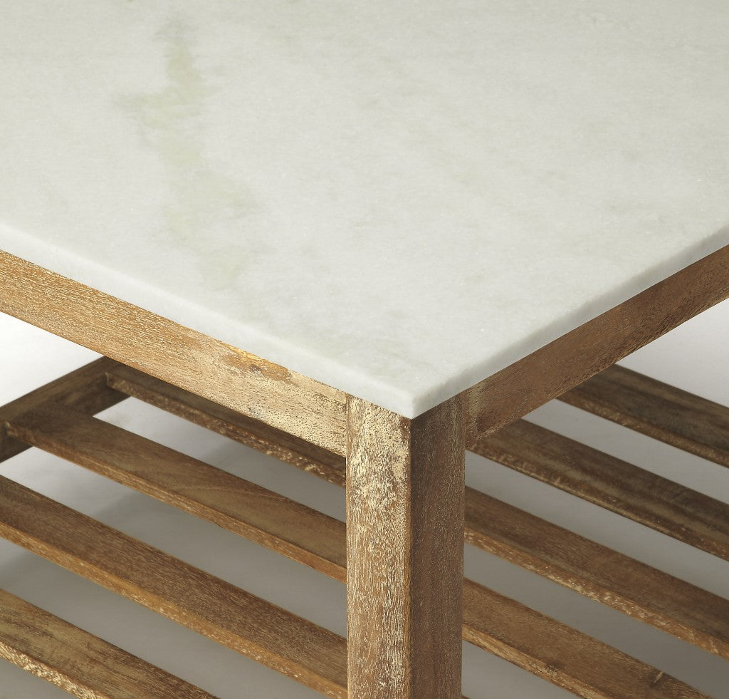 Off White & Brown Genuine Marble & Wood Square Coffee Table w/ Shelf image 7
