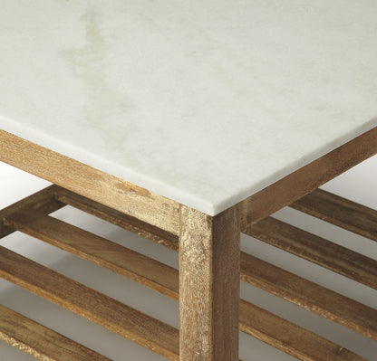 Off White & Brown Genuine Marble & Wood Square Coffee Table w/ Shelf image 7