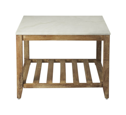 Off White & Brown Genuine Marble & Wood Square Coffee Table w/ Shelf image 2