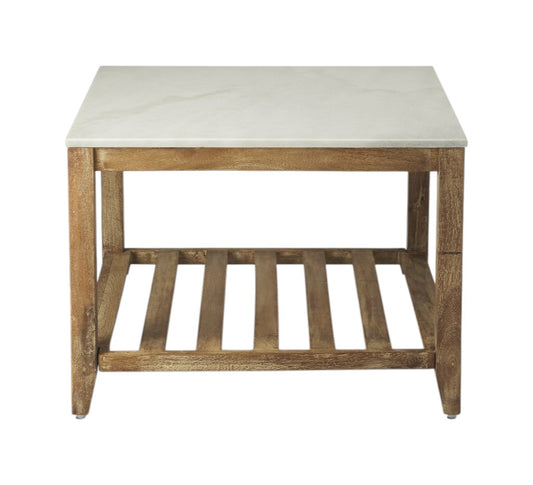 Off White & Brown Genuine Marble & Wood Square Coffee Table w/ Shelf image 2