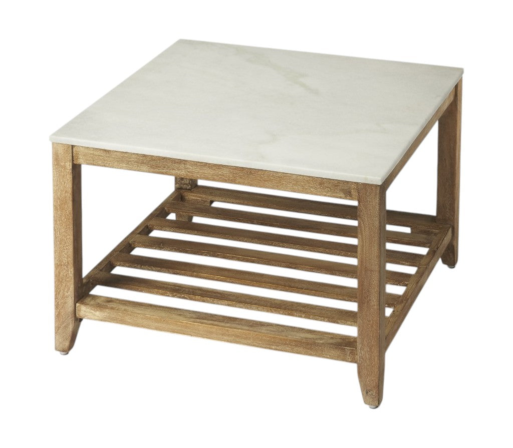 Off White & Brown Genuine Marble & Wood Square Coffee Table w/ Shelf image 3