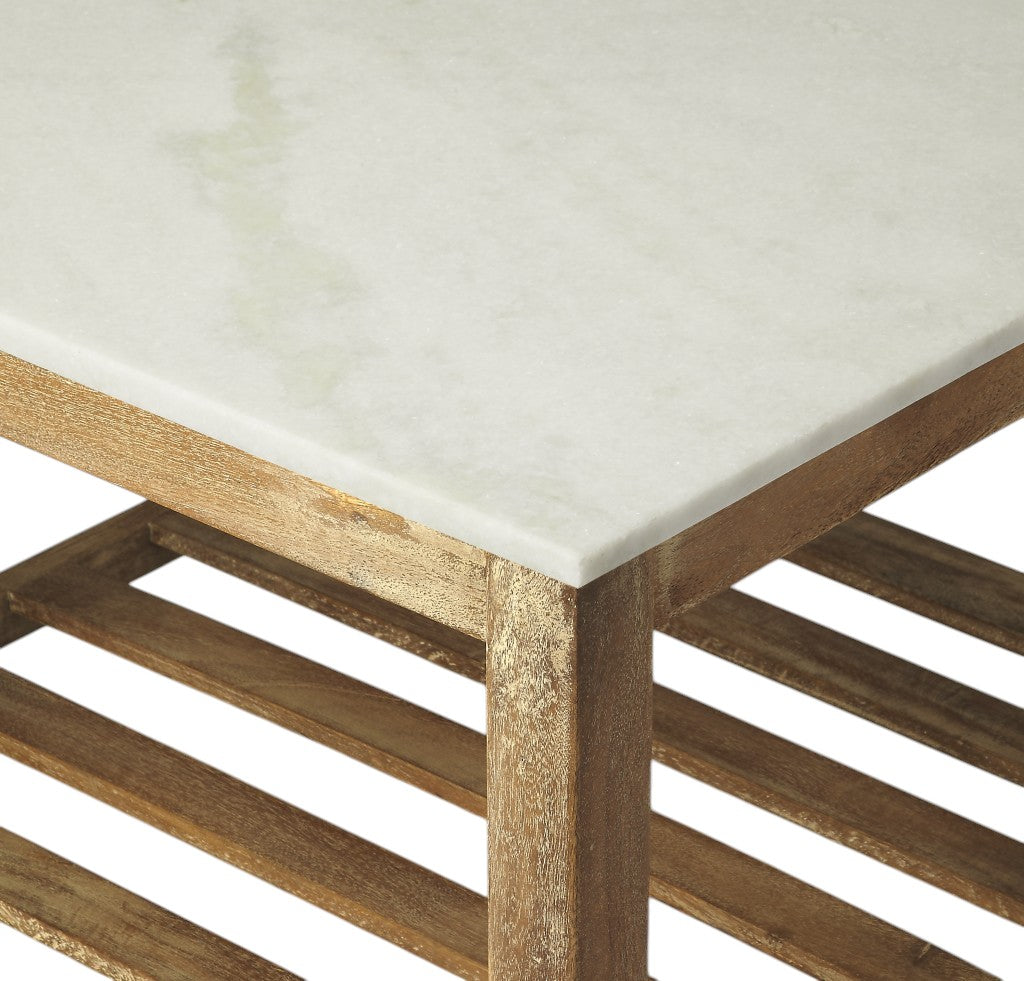 Off White & Brown Genuine Marble & Wood Square Coffee Table w/ Shelf image 4