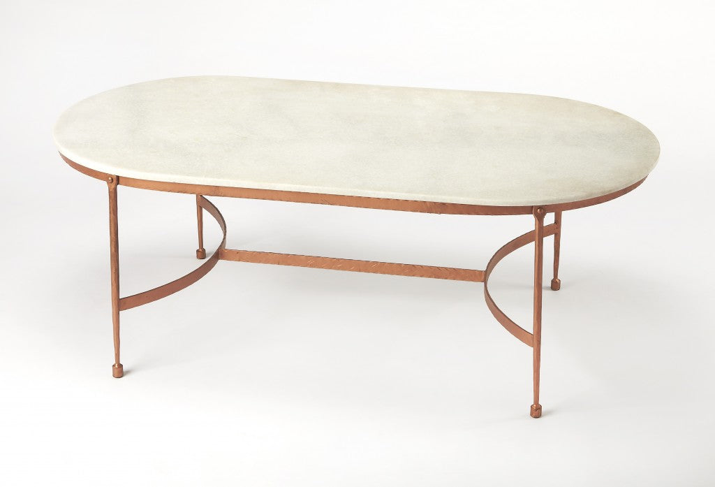 White & Copper Genuine Marble & Metal Oval Coffee Table