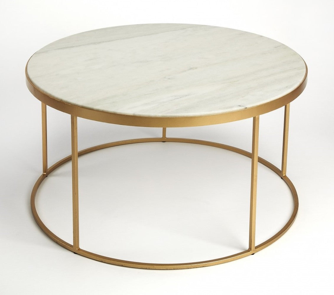 Multi-Color & Off White Marble & Metal Round Coffee Table