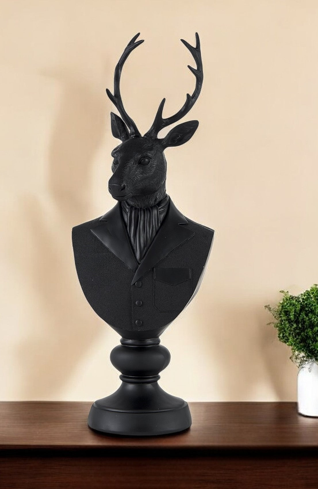 Black Polyresin Suited Deer Bust Tabletop Sculpture