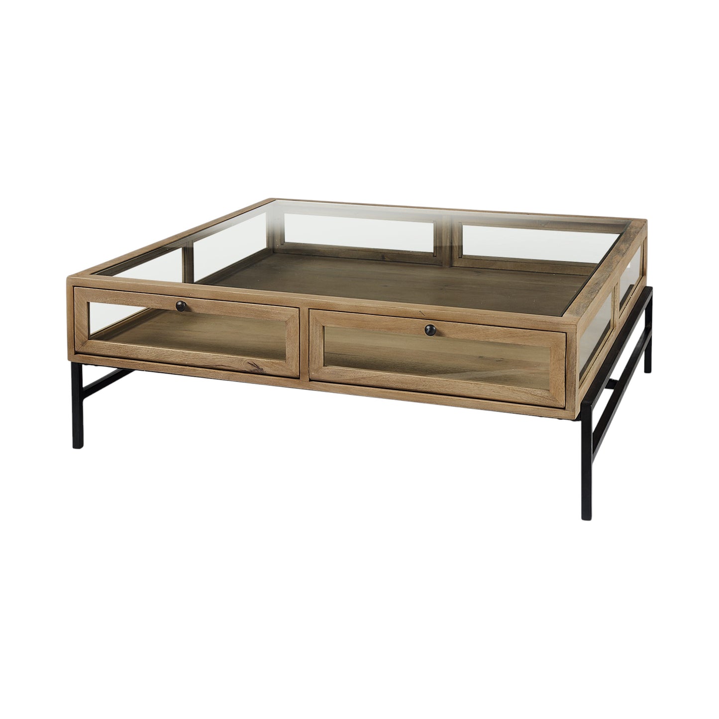 Clear & Black Glass & Metal Square Coffee Table w/ 2 Drawers & Shelf image 8