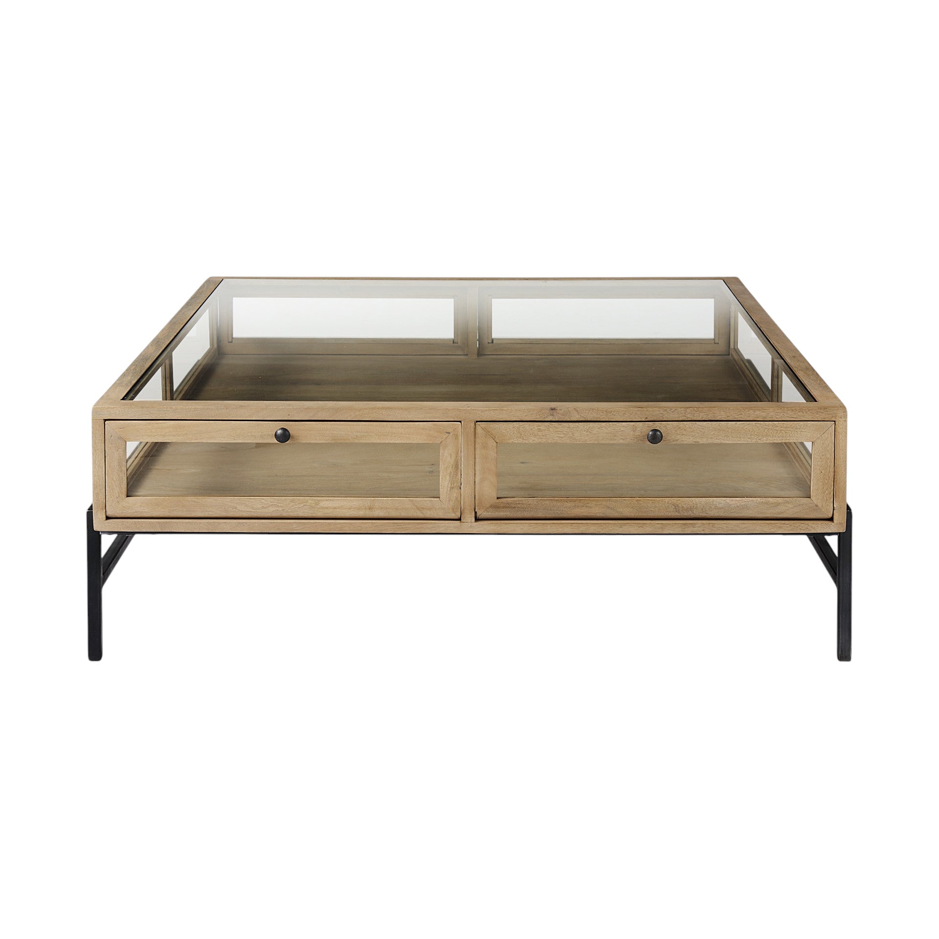 Clear & Black Glass & Metal Square Coffee Table w/ 2 Drawers & Shelf image 5