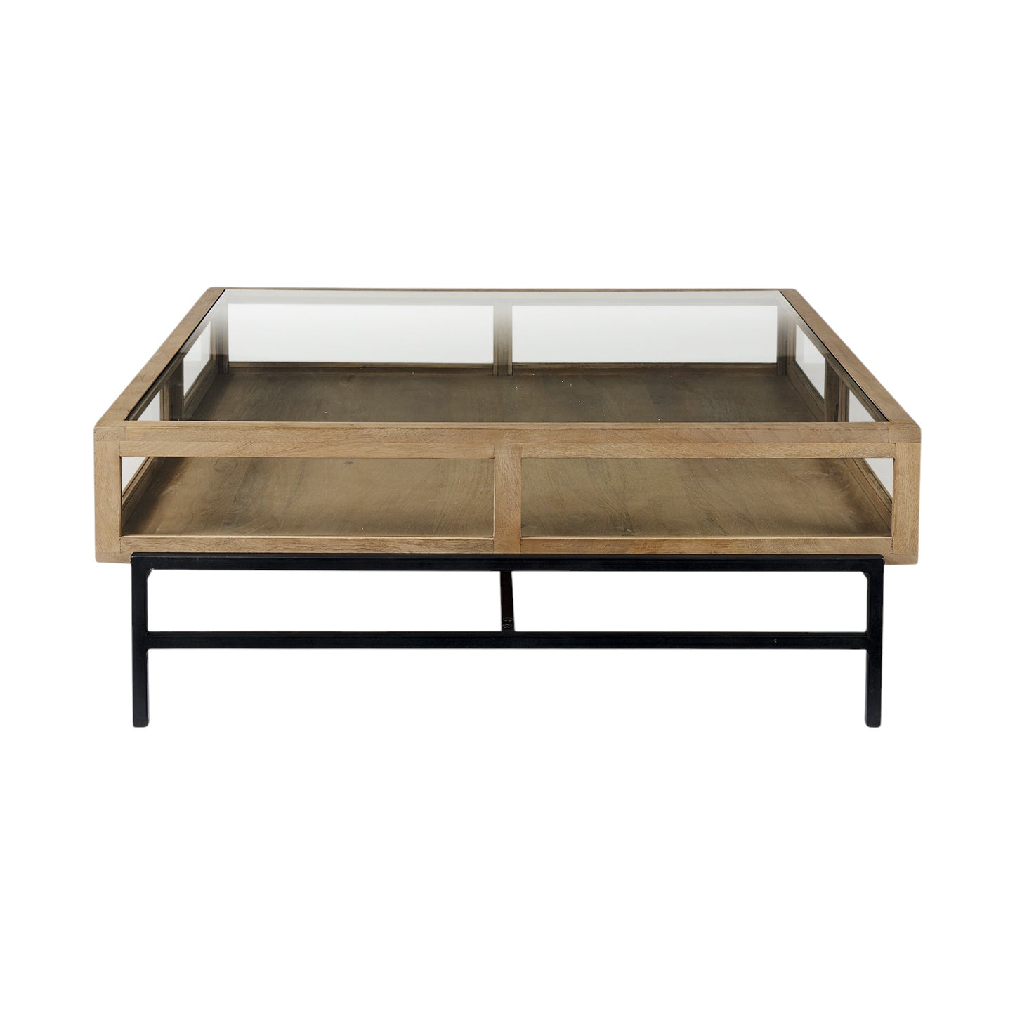 Clear & Black Glass & Metal Square Coffee Table w/ 2 Drawers & Shelf image 4