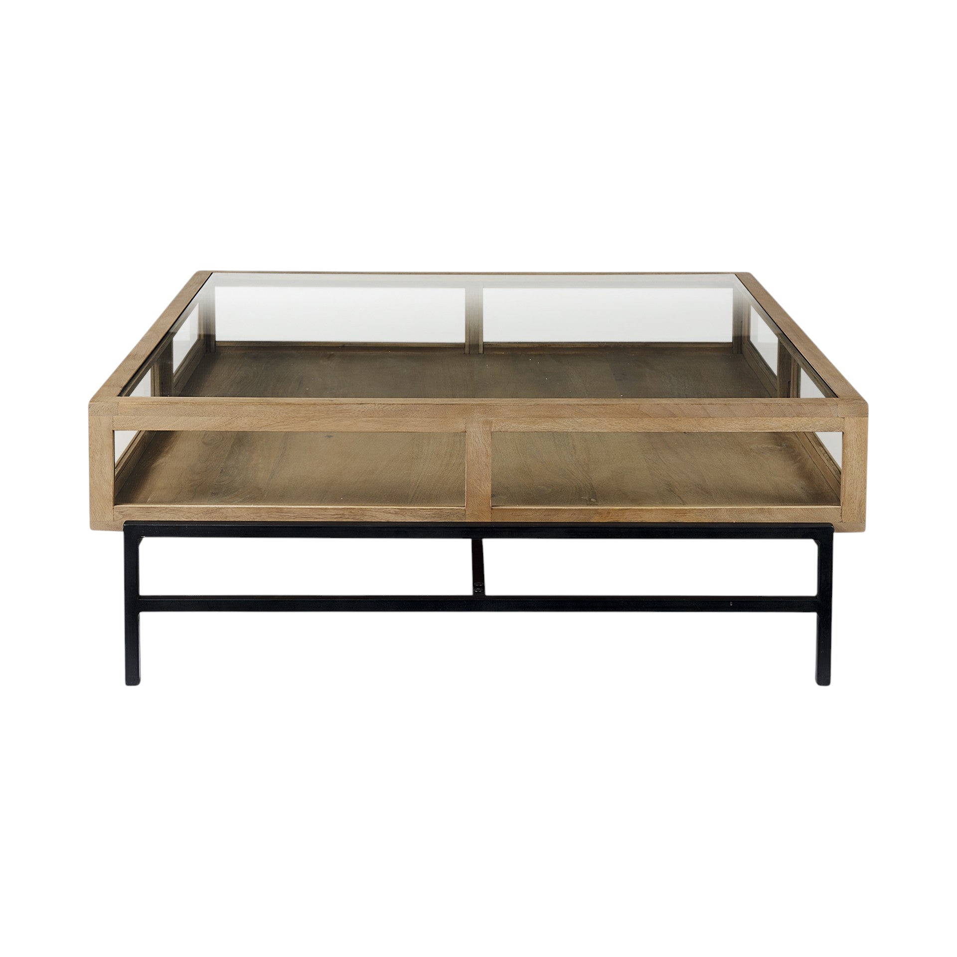 Clear & Black Glass & Metal Square Coffee Table w/ 2 Drawers & Shelf image 4