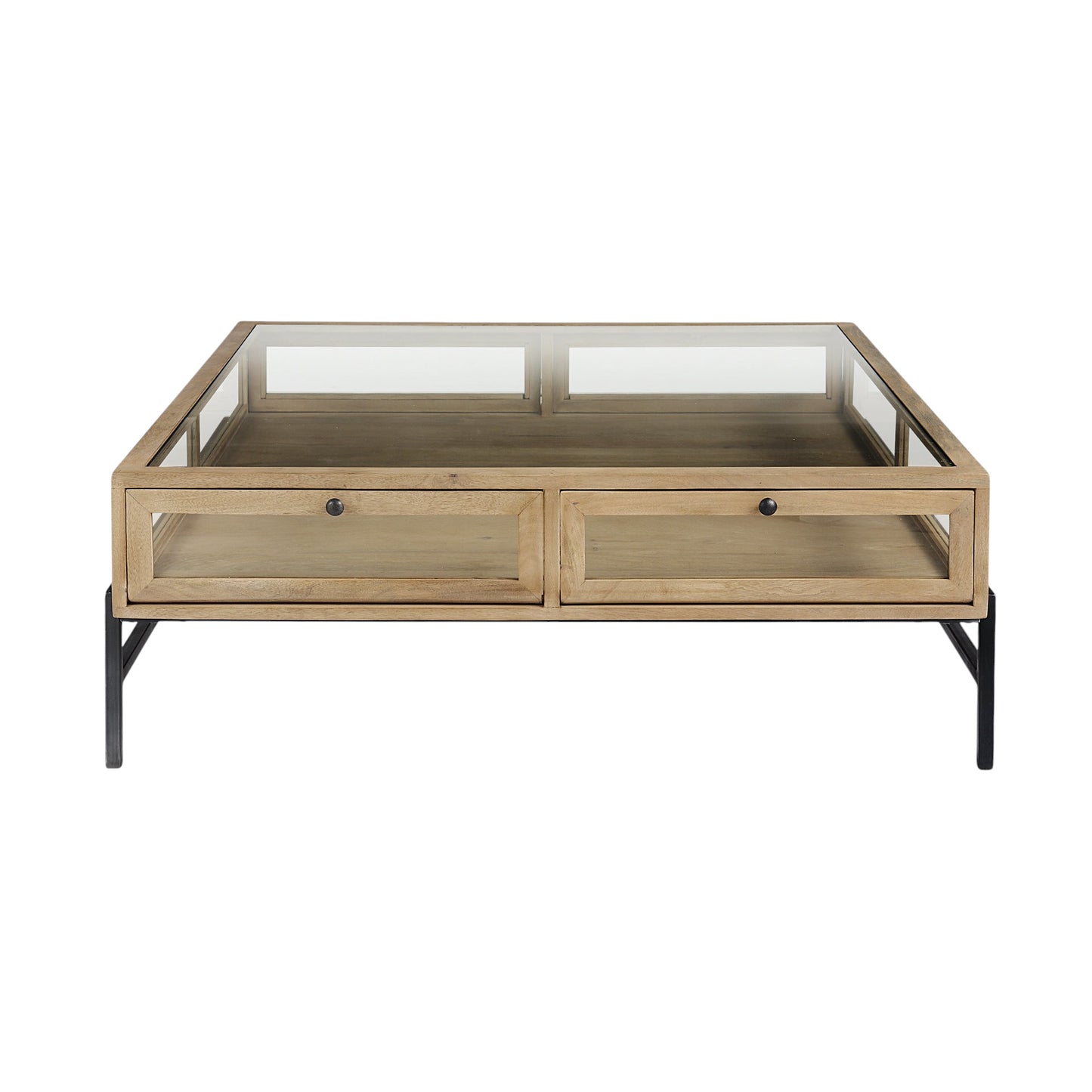 Clear & Black Glass & Metal Square Coffee Table w/ 2 Drawers & Shelf image 3
