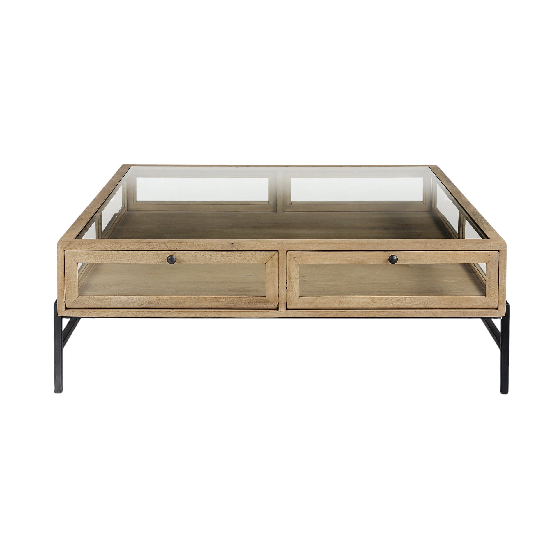 Clear & Black Glass & Metal Square Coffee Table w/ 2 Drawers & Shelf image 3