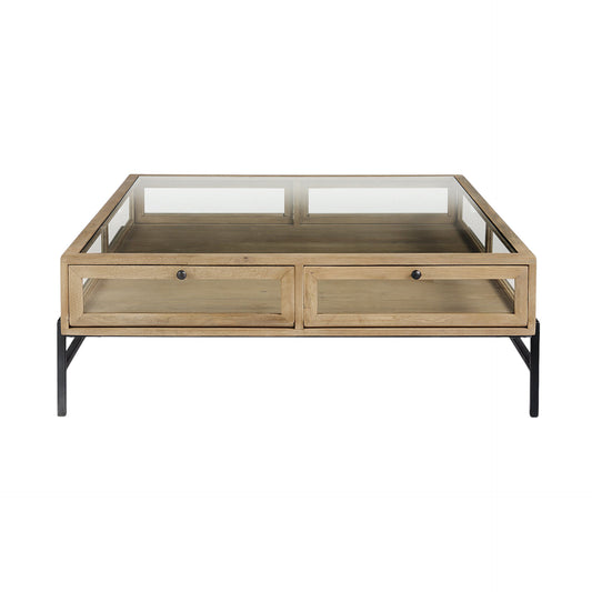 Clear & Black Glass & Metal Square Coffee Table w/ 2 Drawers & Shelf image 3