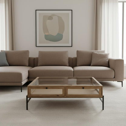 Clear & Black Glass & Metal Square Coffee Table w/ 2 Drawers & Shelf image 2