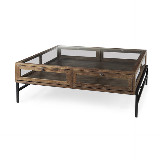 Dark Brown Glass & Metal Square Coffee Table
