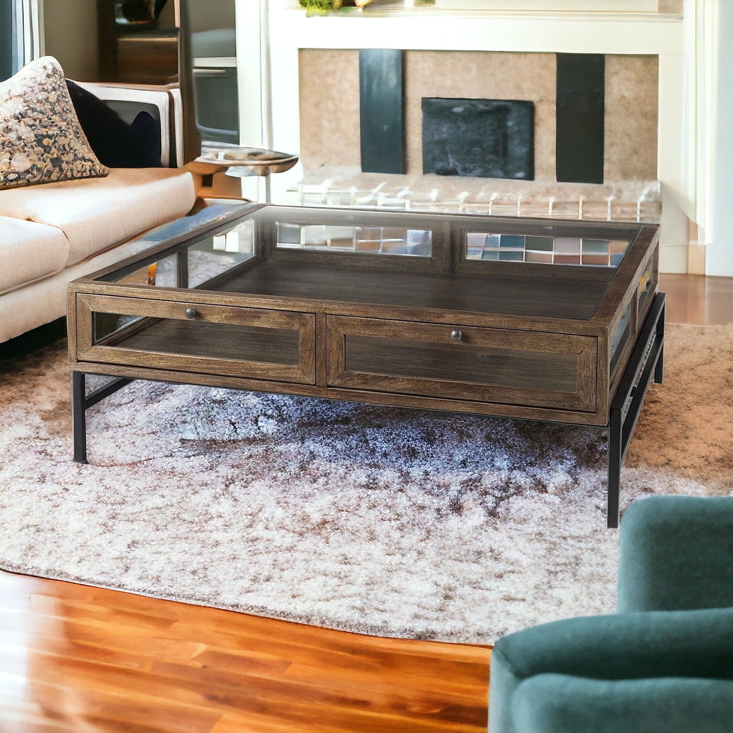 Dark Brown Glass & Metal Square Coffee Table
