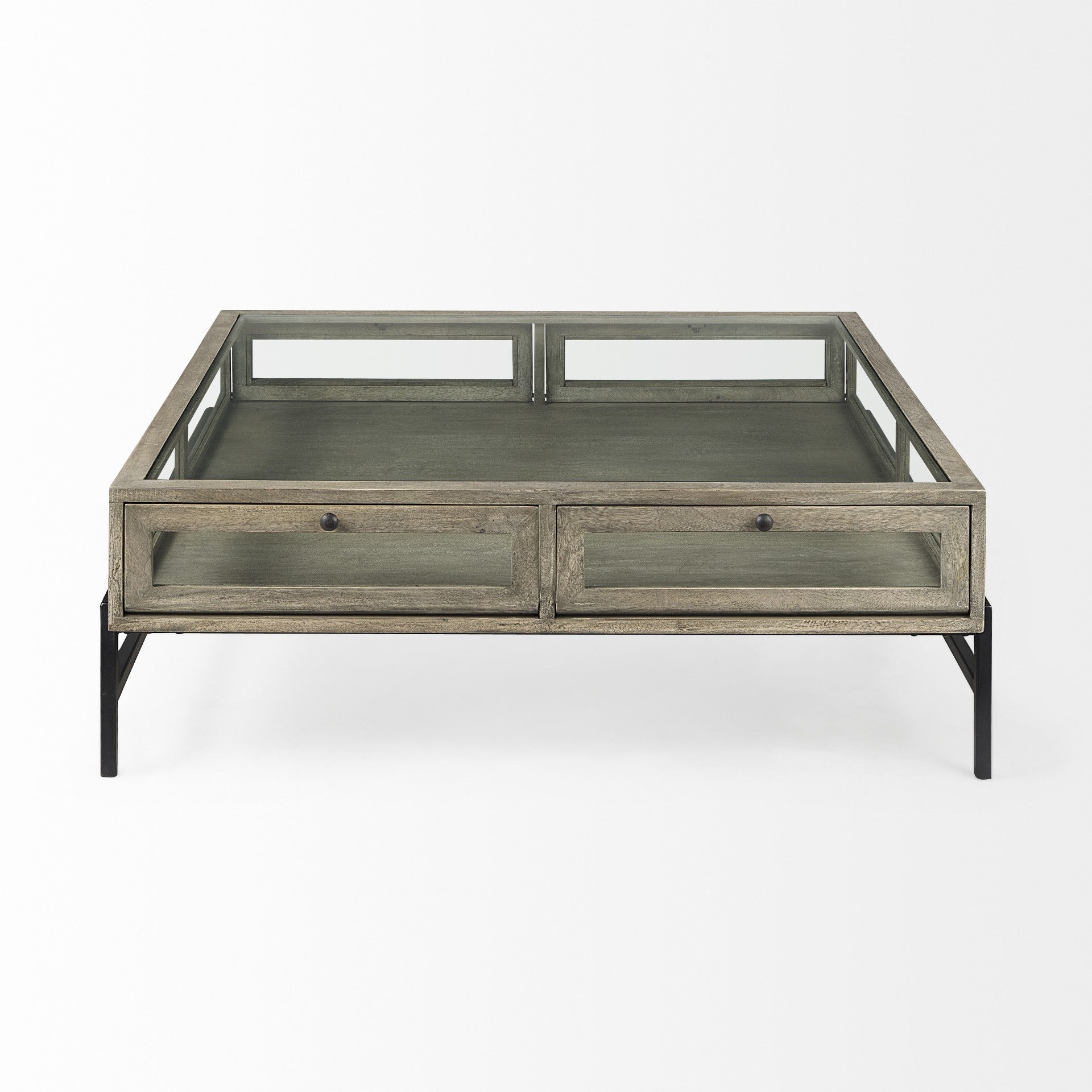 Gray & Black Glass & Metal Square Coffee Table w/ Shelf image 2