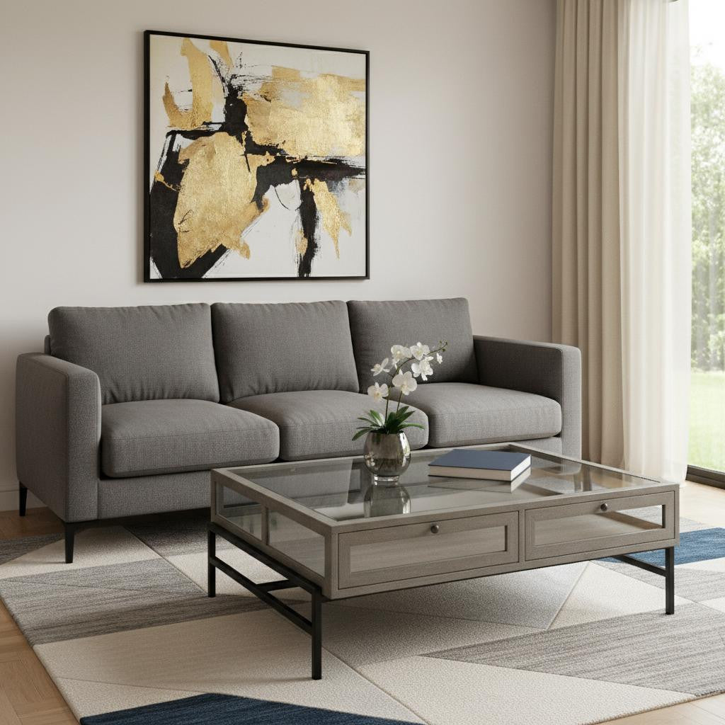 Gray & Black Glass & Metal Square Coffee Table w/ Shelf image 1