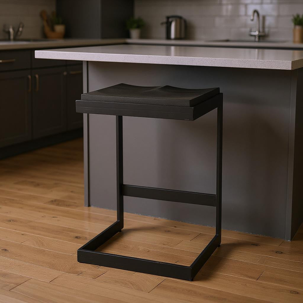 Black Solid Wood & Metal Backless Counter Height Bar Chair