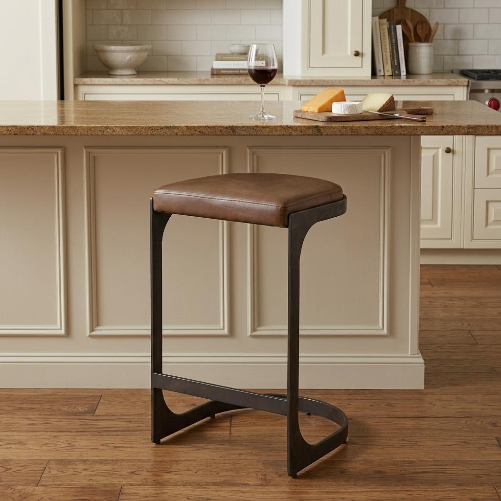 Black Leather & Metal Backless Bar Chair