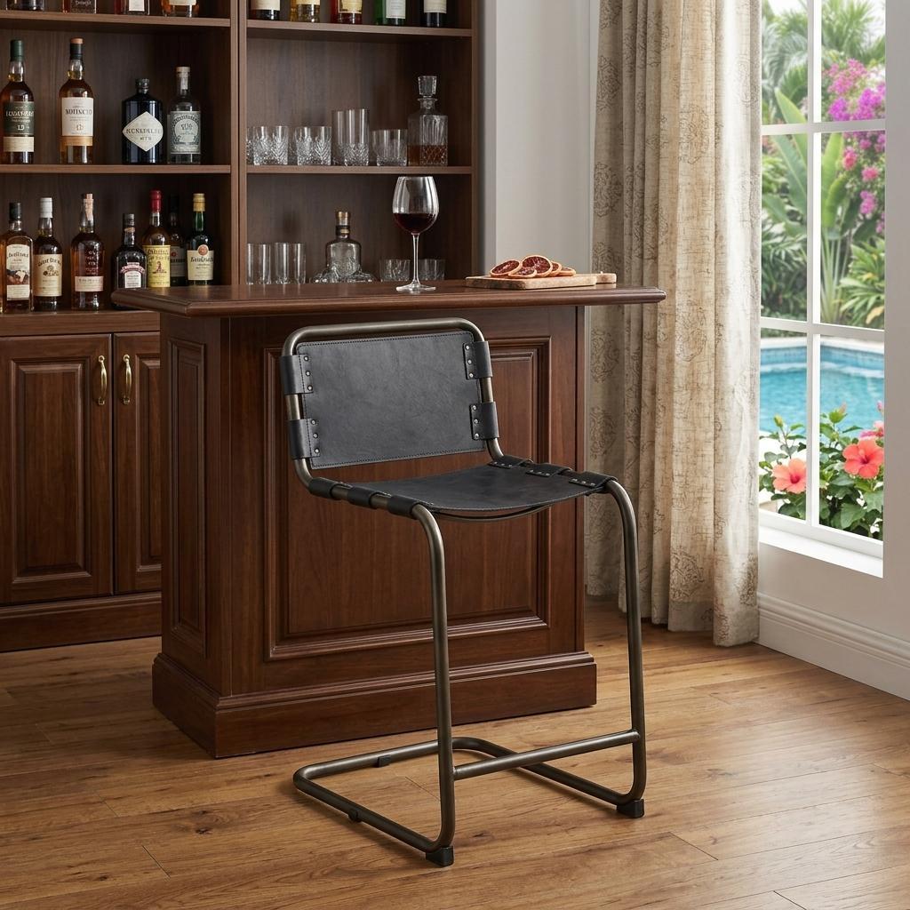 Black Leather & Iron Bar Chair