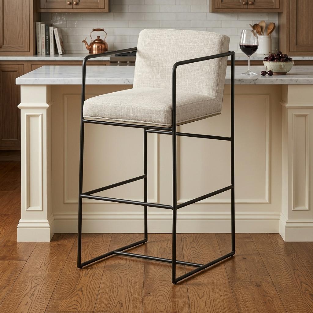 Beige & Black Fabric & Metal Counter Height Bar Chair