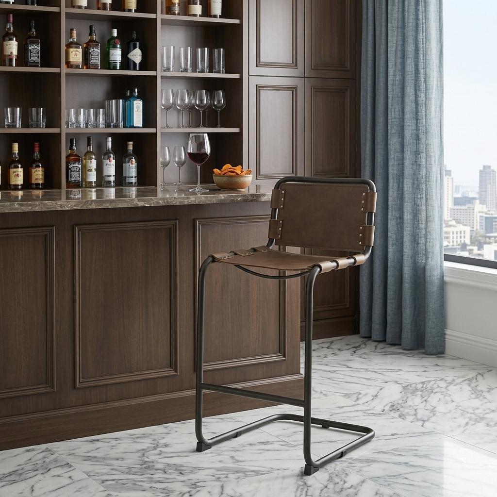 Brown & Black Leather & Metal Bar Chair