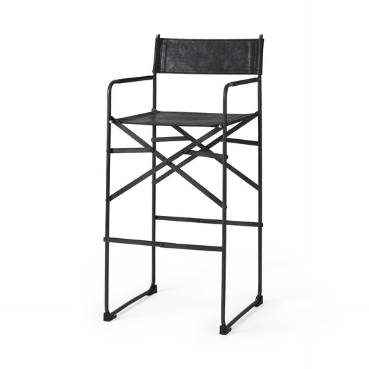 Black Leather & Metal Bar Height Bar Chair